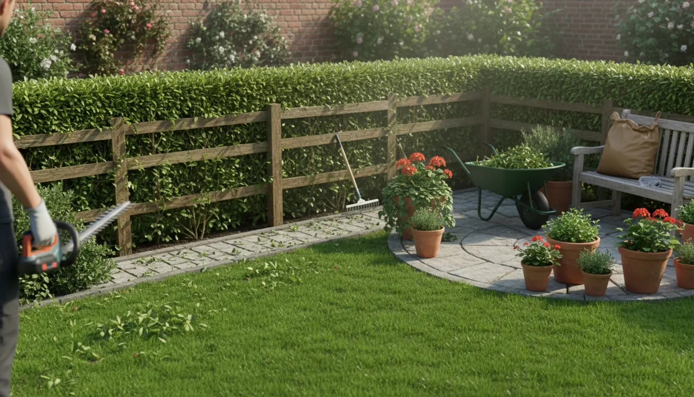 Hækklipning i en lille baghave med hækkeklipper, friske afklip og værktøj i naturligt morgenslys.