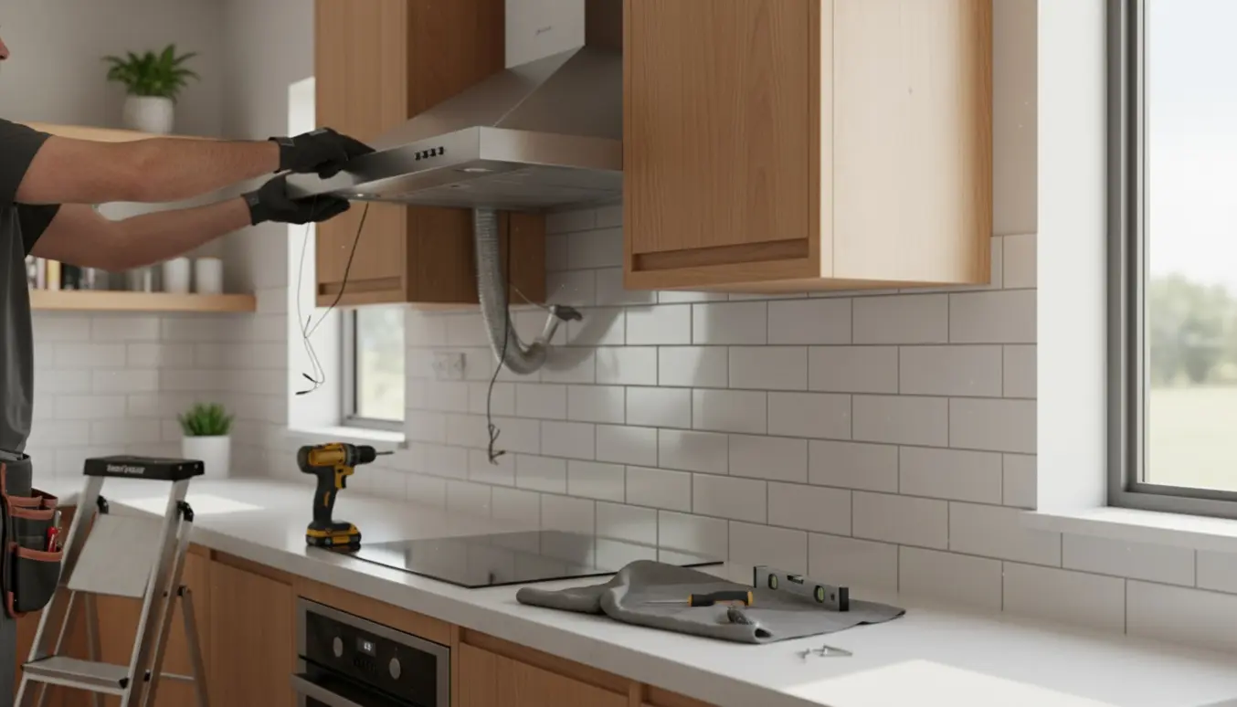 Ny rustfri emhætte monteres i et moderne køkken med værktøj og den afmonterede gamle emhætte synlig.