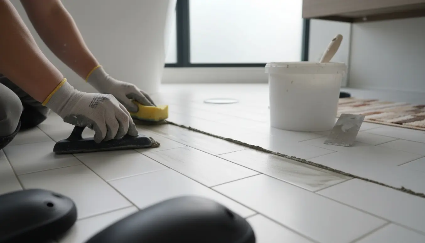 Nærbillede af hænder, der fuge fliser på et lyst badeværelsesgulv med fugebræt og svamp.