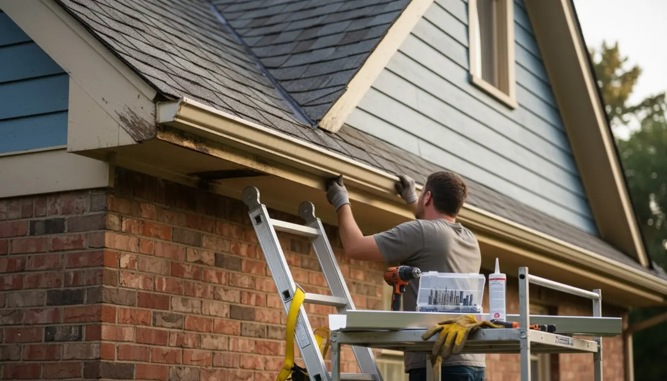 Hænder på stige udskifter en utæt tagrende ved en husgavl med nyt tagrenderør og værktøj på stillads.