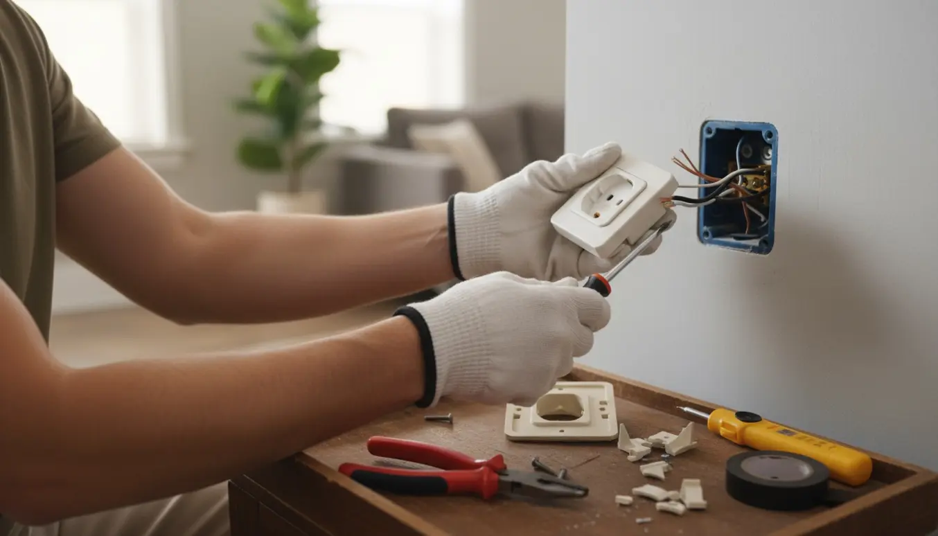 Nærbillede af hænder, der udskifter en stikkontakt på en væg med værktøj og reservedele.