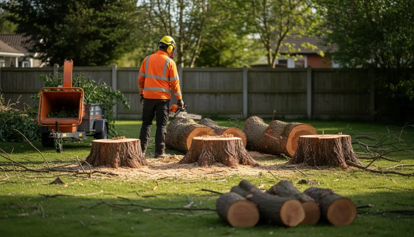 Tre fældede træer lagt på græsset med nysavede stubbe, træstammer og flishugger i baggrunden.