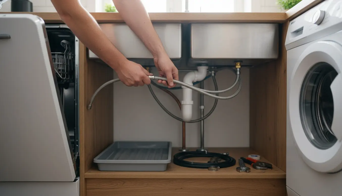 Hænder forbinder slanger til opvaskemaskine og vaskemaskine under køkkenvasken med værktøj og drypbakke.