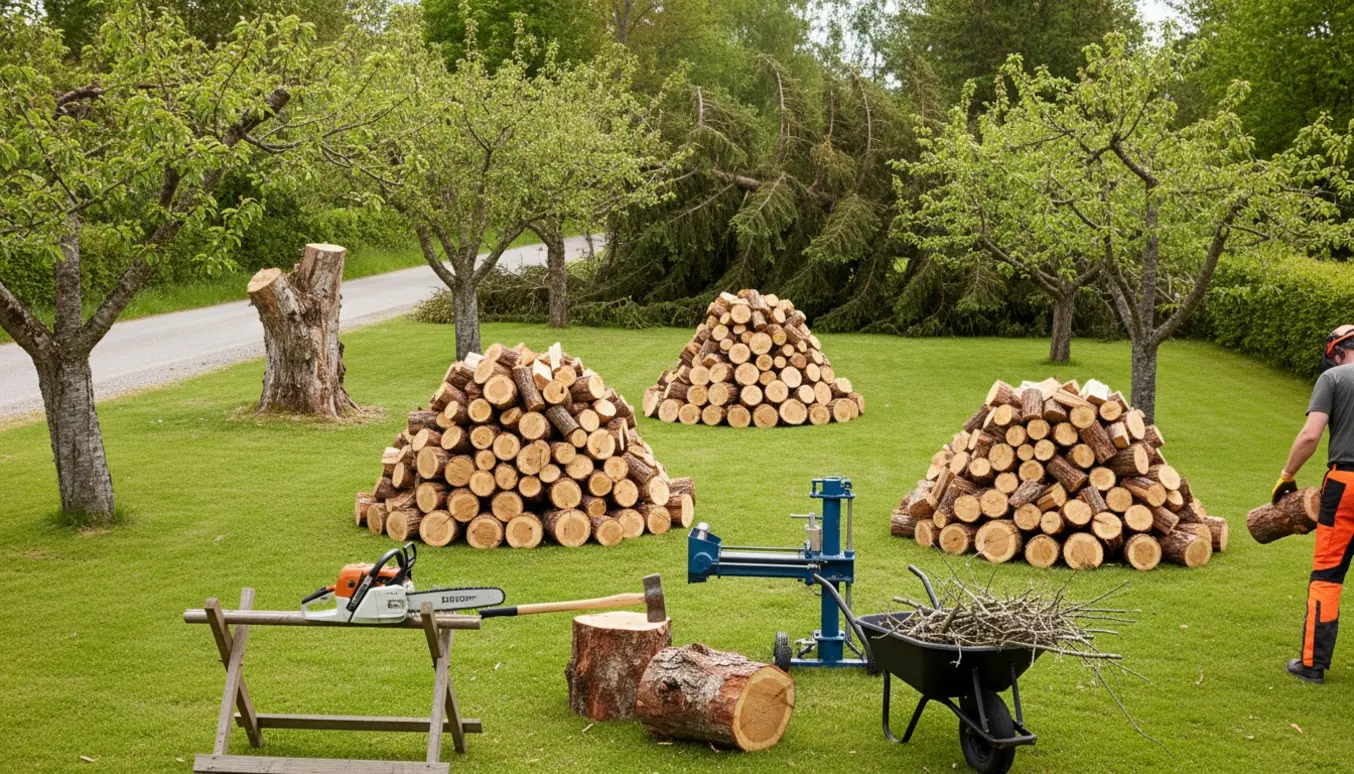 Tre stabler 25 cm brænde på en sommerhusplæne efter fældning af birk, kirsebærtræer og et væltet grantræ.