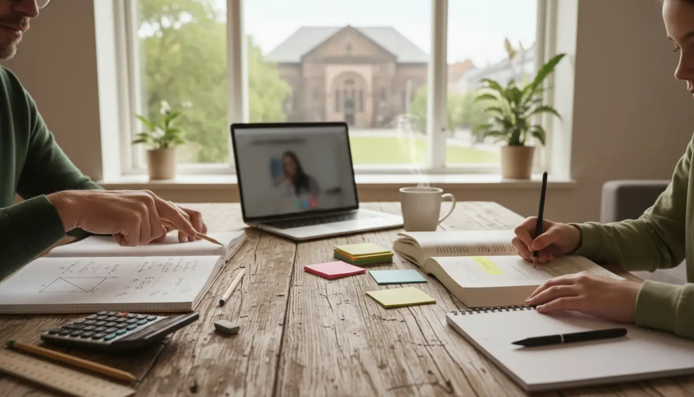 Hyggelig privatundervisning i matematik og engelsk med bøger og noter på et bord i et hjem.