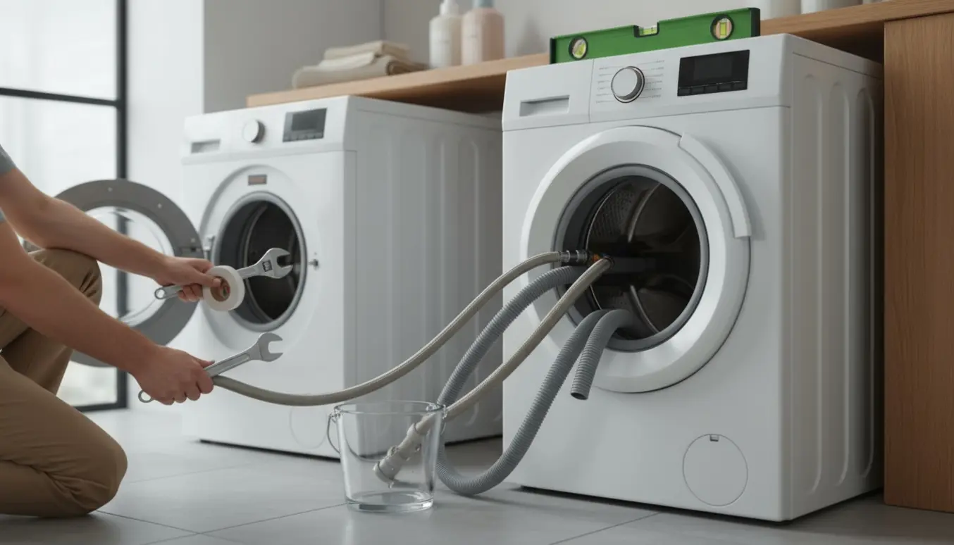 Hænder tilslutter slanger og værktøj under afmontering og montering af en vaskemaskine i et lyst bryggers.