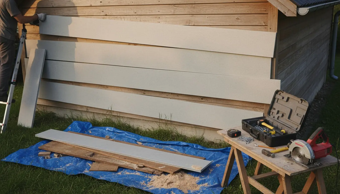 Udskiftning af fire brædder på husets endegavl med fibre-cementplanker, værktøj samlet ved arbejdet.