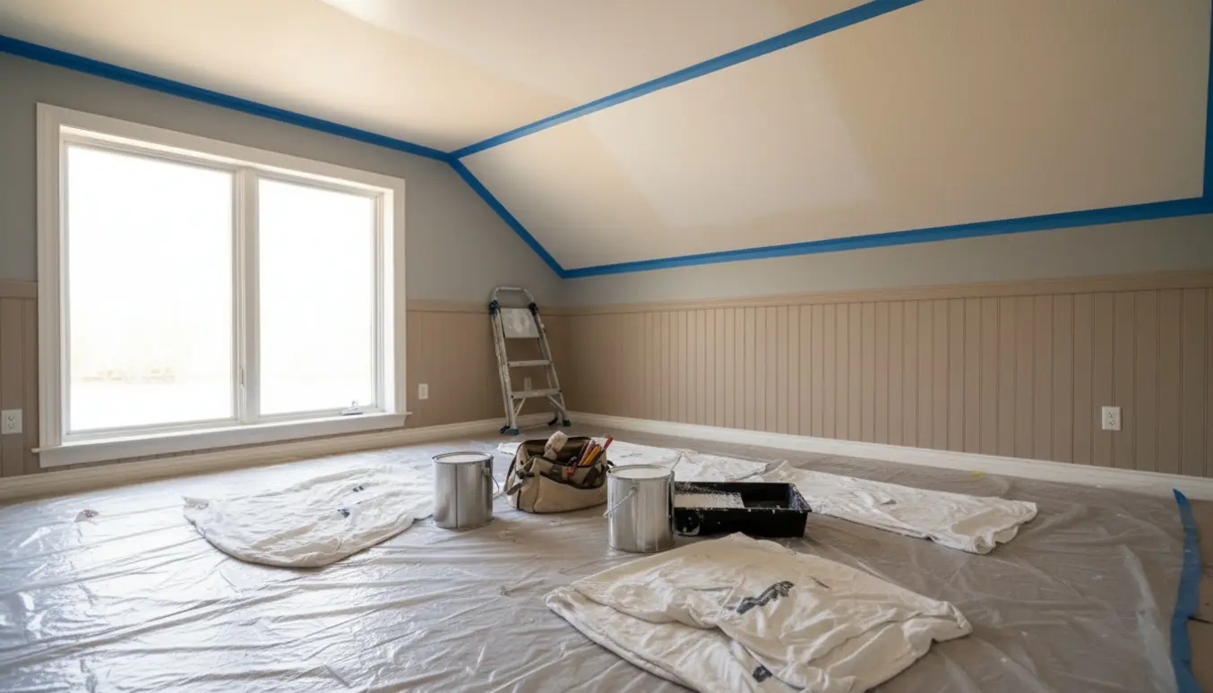 Et værelse klar til maling med malerbøtter, afdækning og en stige, men uden malerværktøj.