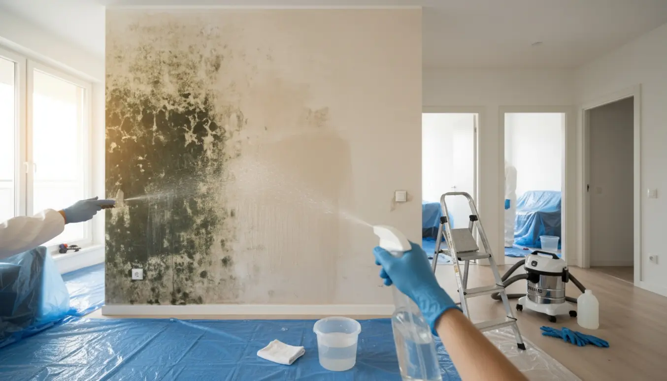 Person i handsker skrubber skimmelsvamp af en væg med rengøringsudstyr og åbne døre til flere rum i baggrunden.