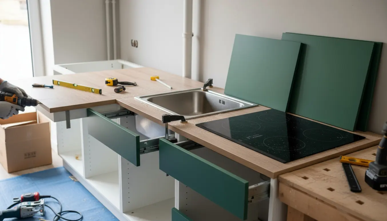 Halvfærdigt nyt køkken under montering med IKEA-skelet, laminatbordplade med udskæring til vask og værktøj på bordet.