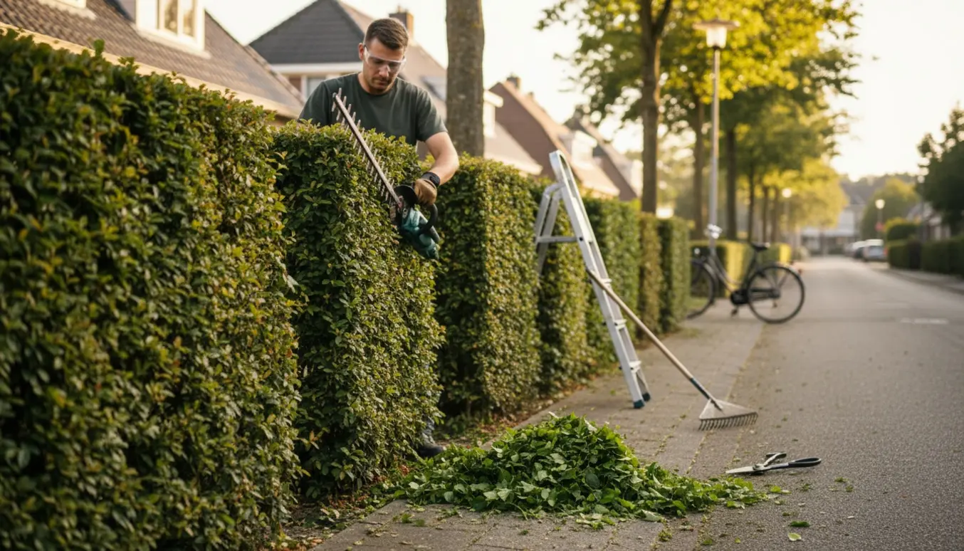 Bøgehæk beskæres langs en villavej med hækklipper og afklippede grene i forgrunden.