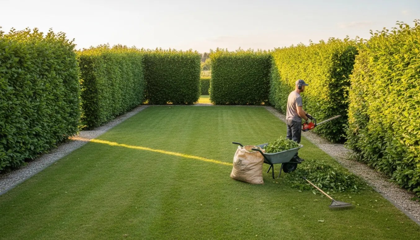 Gartner trimmer hække rundt om en 700 m² grund, mens afklip samles i trillebør.