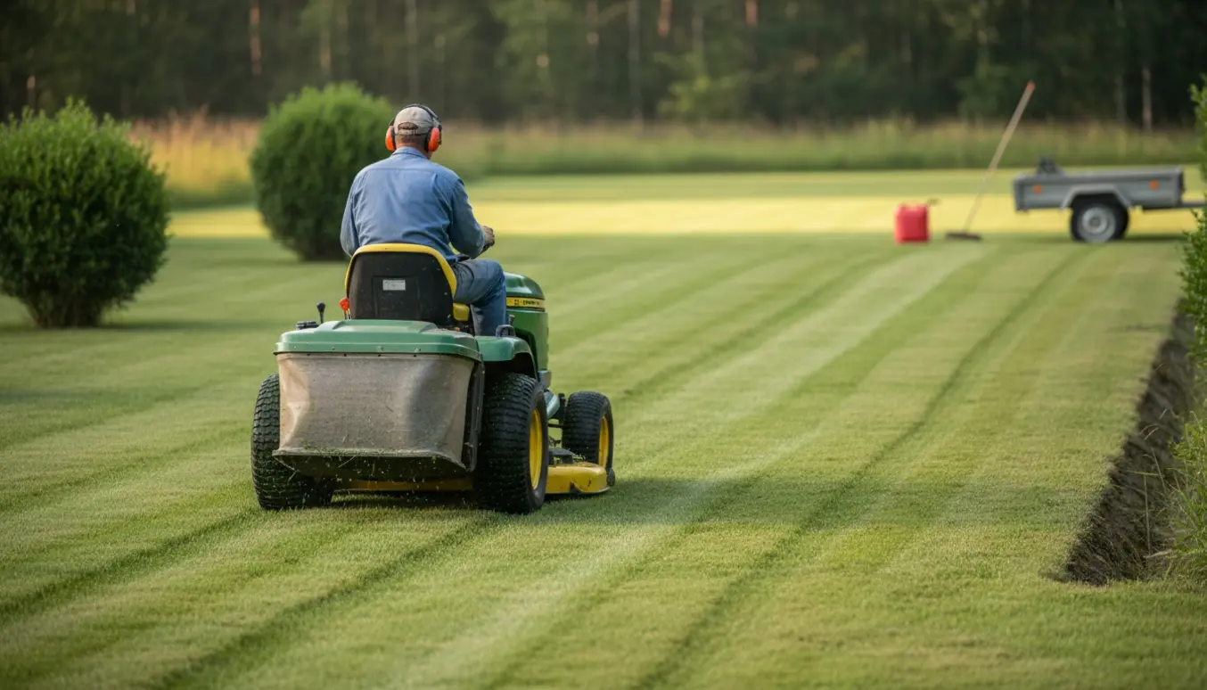 Havetraktor slår en næsten flad græsplæne på omkring 1000 m² med få buske og en lille kantnedstigning.