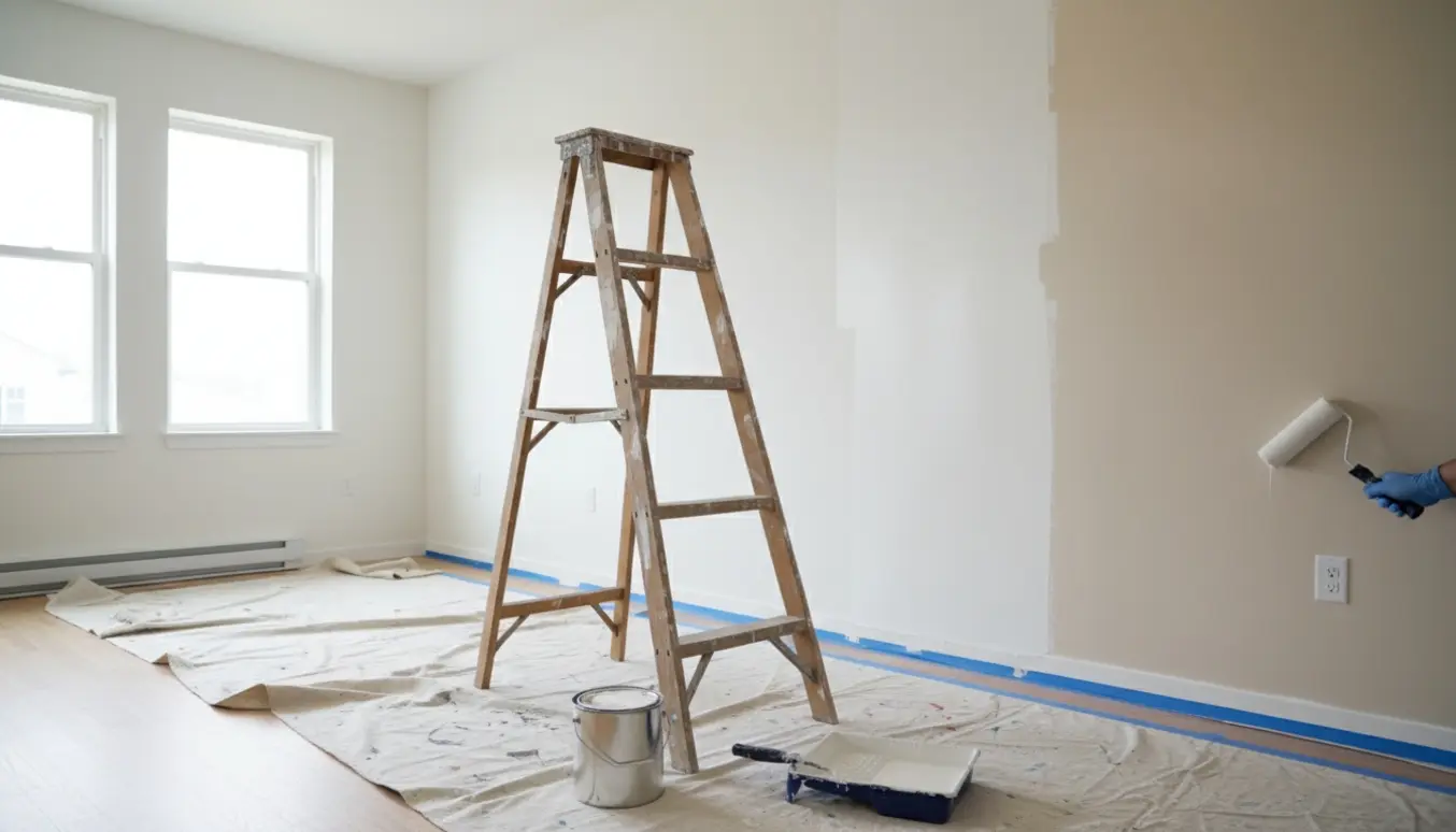 Lyse lejlighed under maling med rulle, malerbøtte og afdækningsduge, klar til nye lejere.