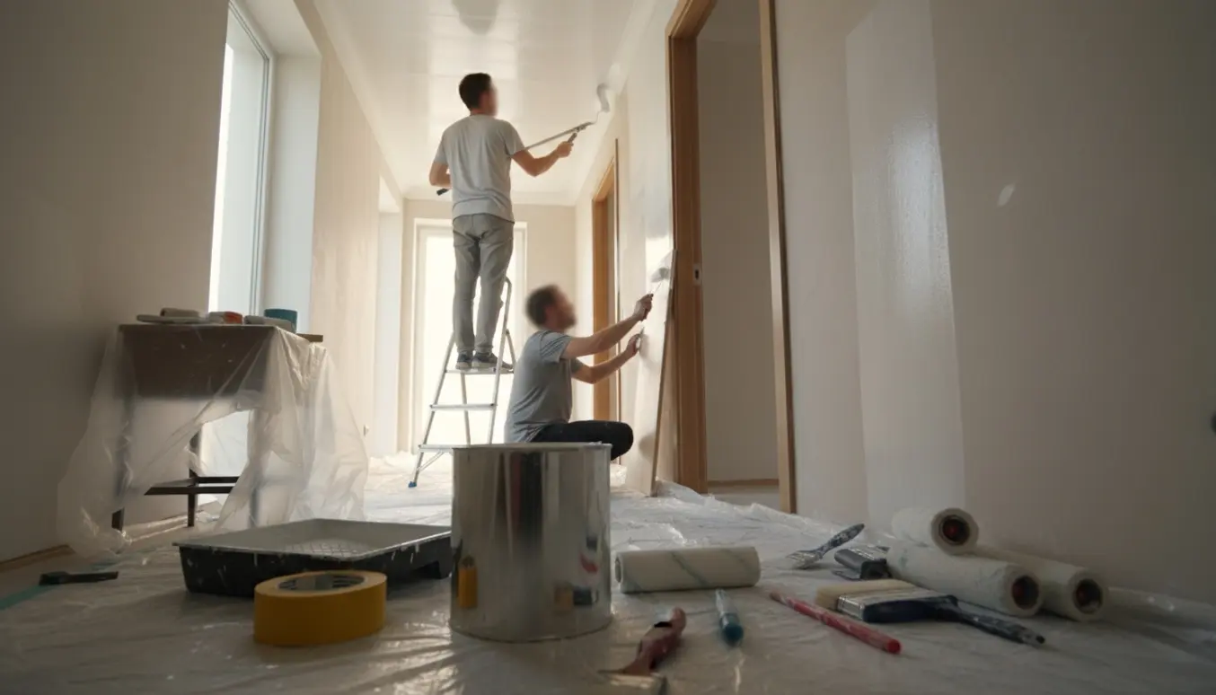 En person maler loft og dørkarme i en lejlighedsgang med hvid maling, stige, rulle, pensler og afdækning.