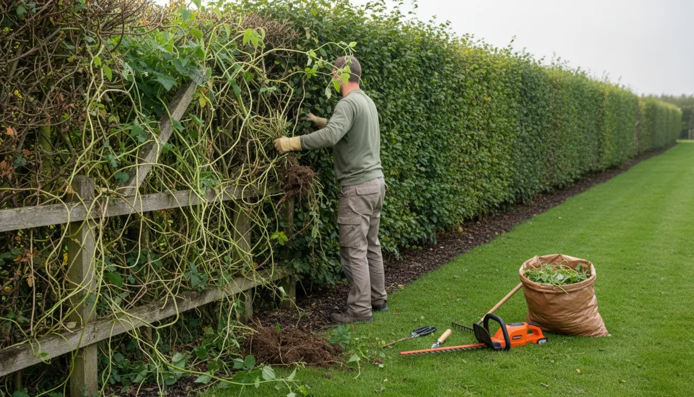 En anonym gartner trækker ukrudt ud af en lang hæk, med redskaber og en bunke opsamlet ukrudt ved siden af.