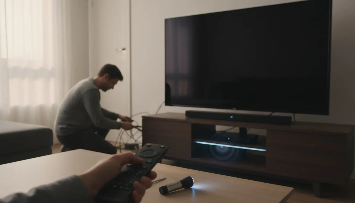 Stor 70-tommer TV med sort skærm, fjernbetjening i forgrunden og en person, der tjekker kabler bag apparatet.