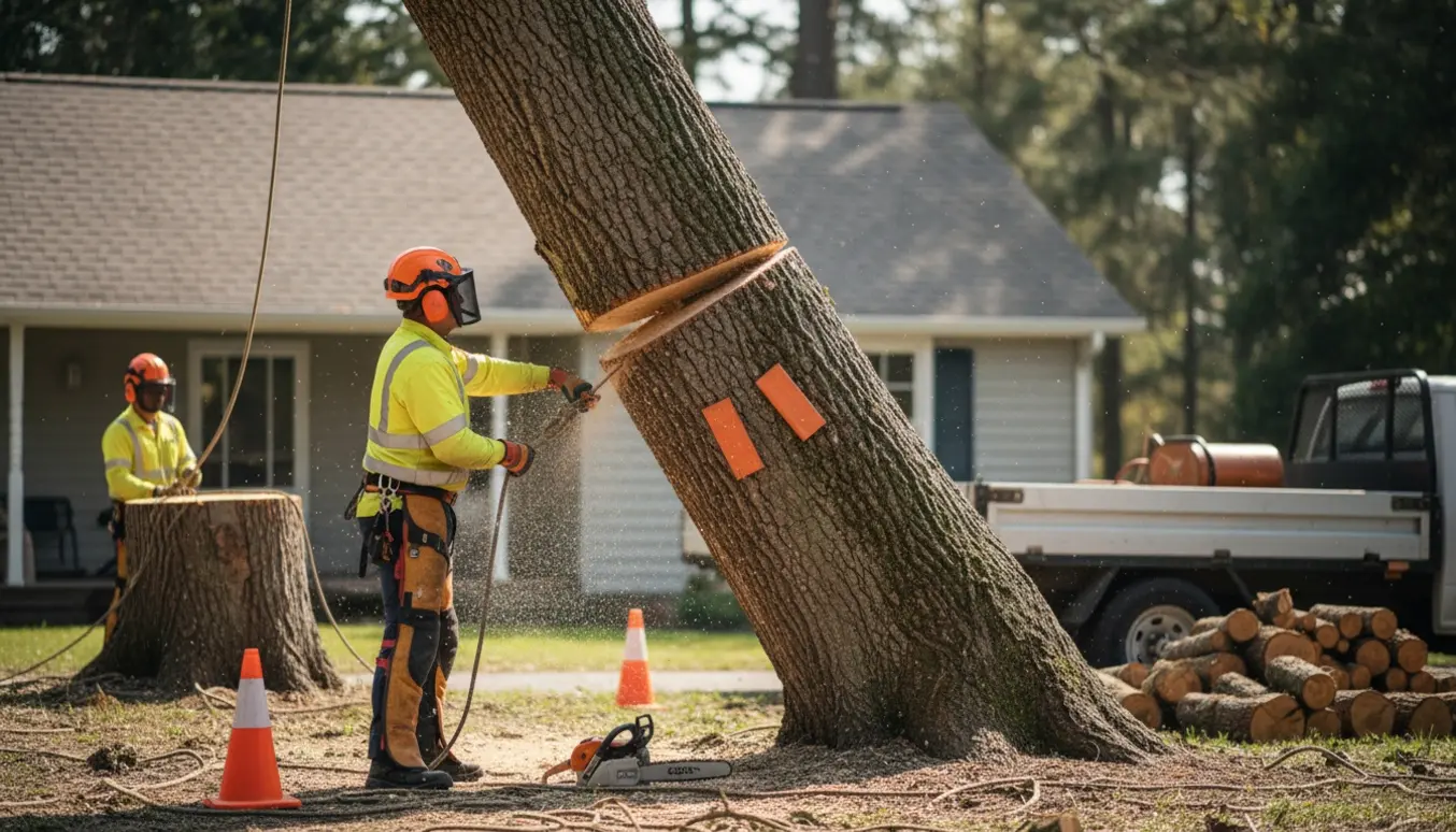 Erfaren arborist fælder kontrolleret et træ tæt ved et nabohus, mens brænde stables til bortskaffelse.