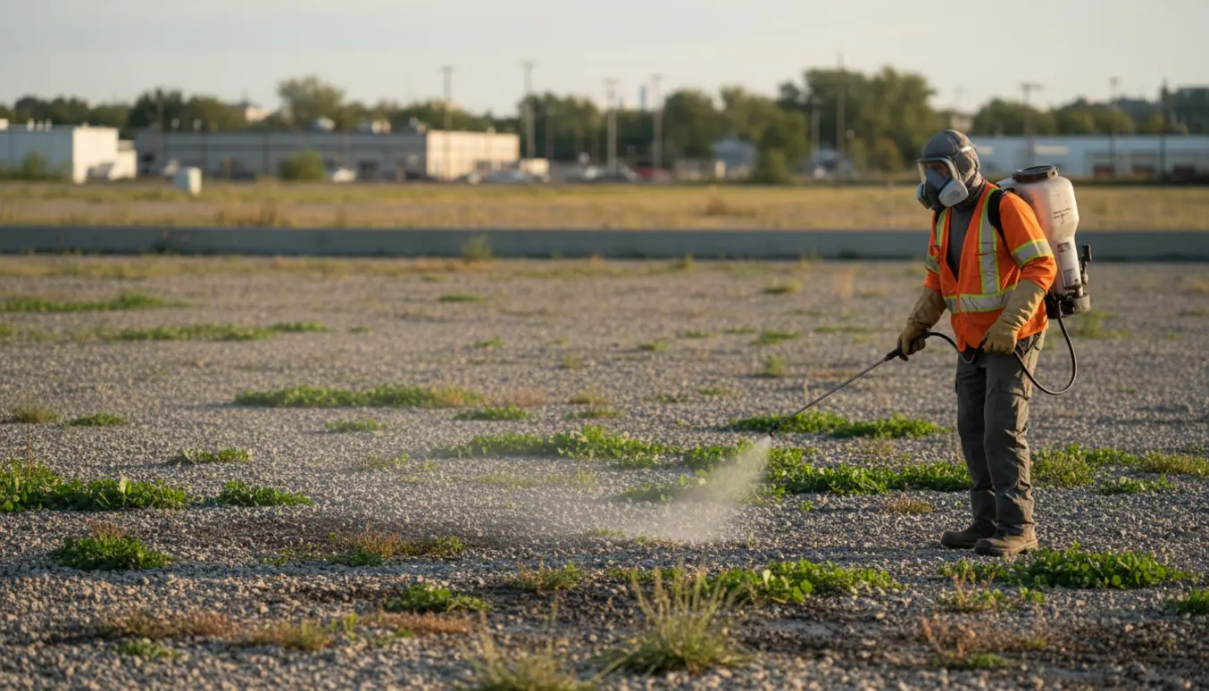 Person i beskyttelsesudstyr sprøjter ukrudt på et stort fladt grusareal.