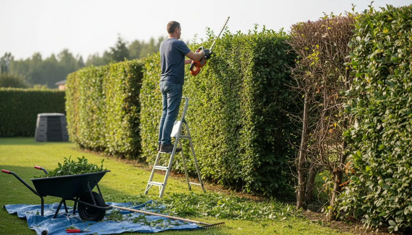 Person på en lille stige trimmer en 1,5–2 m høj og 30–50 cm bred hæk med trillebør fyldt med afklip i forgrunden.