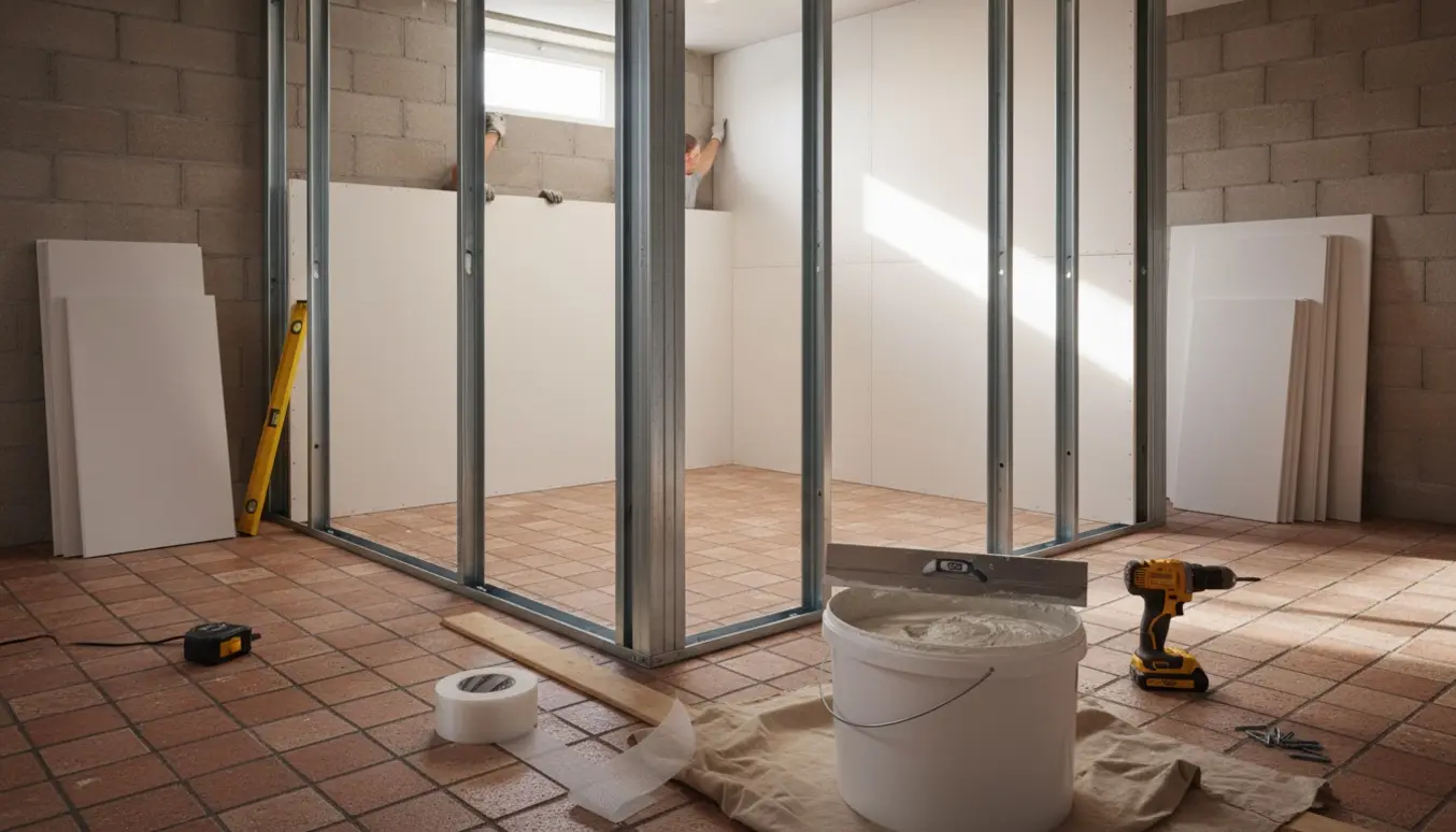 Skillevæg i kælder under opbygning på klinkegulv med gipsplader, værktøj og spartel.