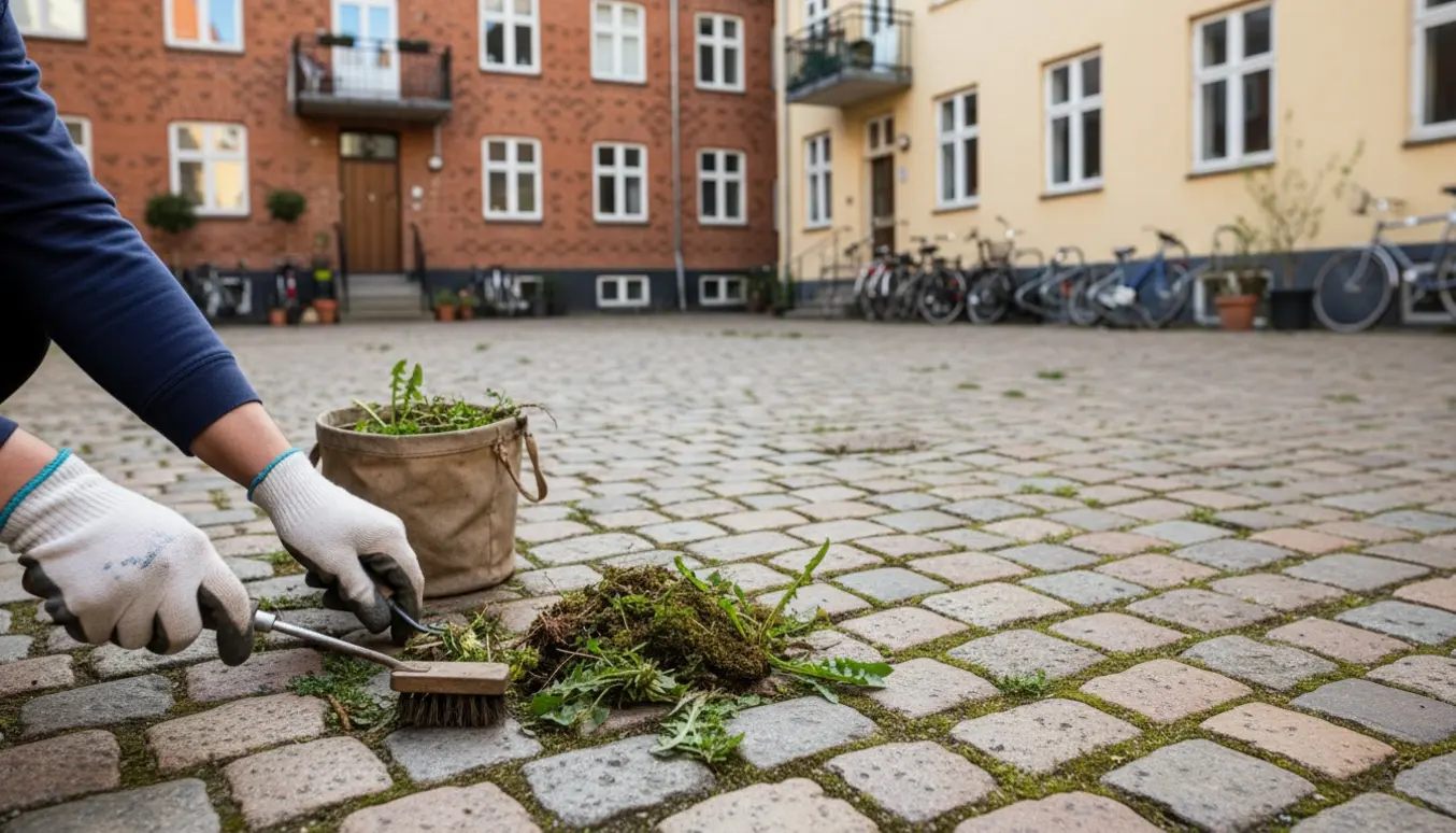 Hænder fjerner mos og mælkebøtter fra fugerne mellem brosten i en Østerbro-gård.