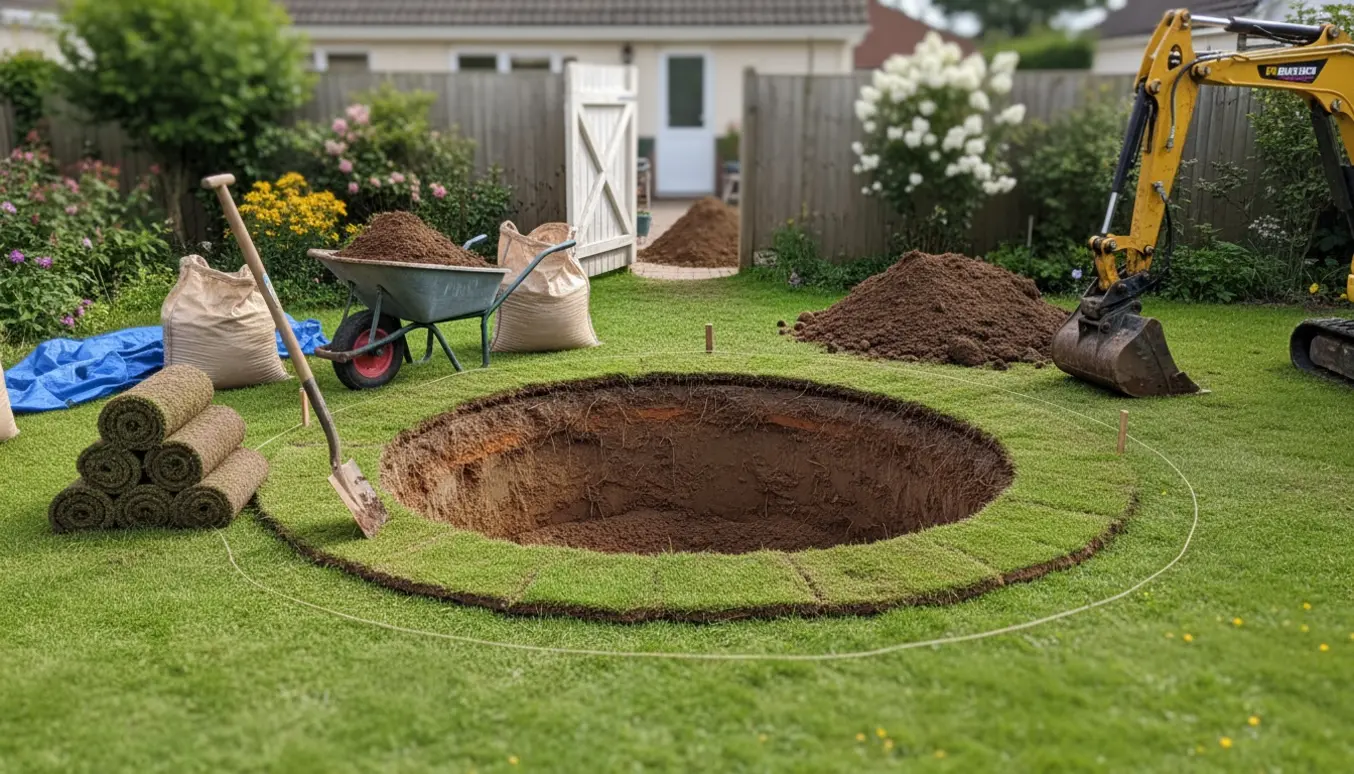 Delvist udgravet cirkulært hul i baghaven til en nedgravet trampolin med rullet græstørv, skovl og trillebør ved en åben smal havedør.