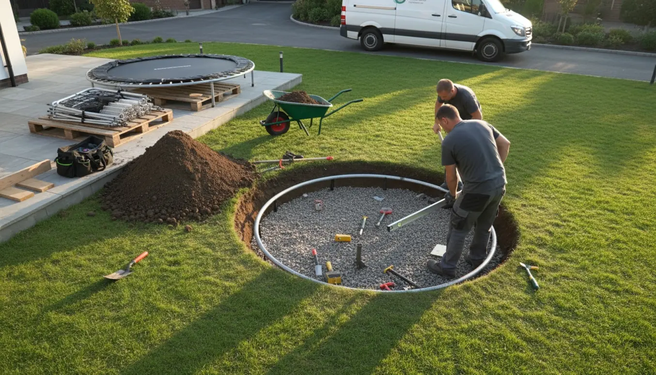 Nedgravning af en rund trampolin i haven med jordbunker, værktøj og leveret trampolin ved terrassen.