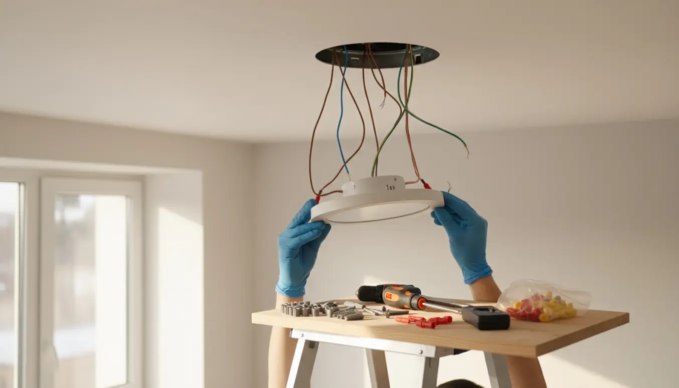 Hænder monterer en loftlampe ved et hul i loftet med rawlplugs, skruer og værktøj.