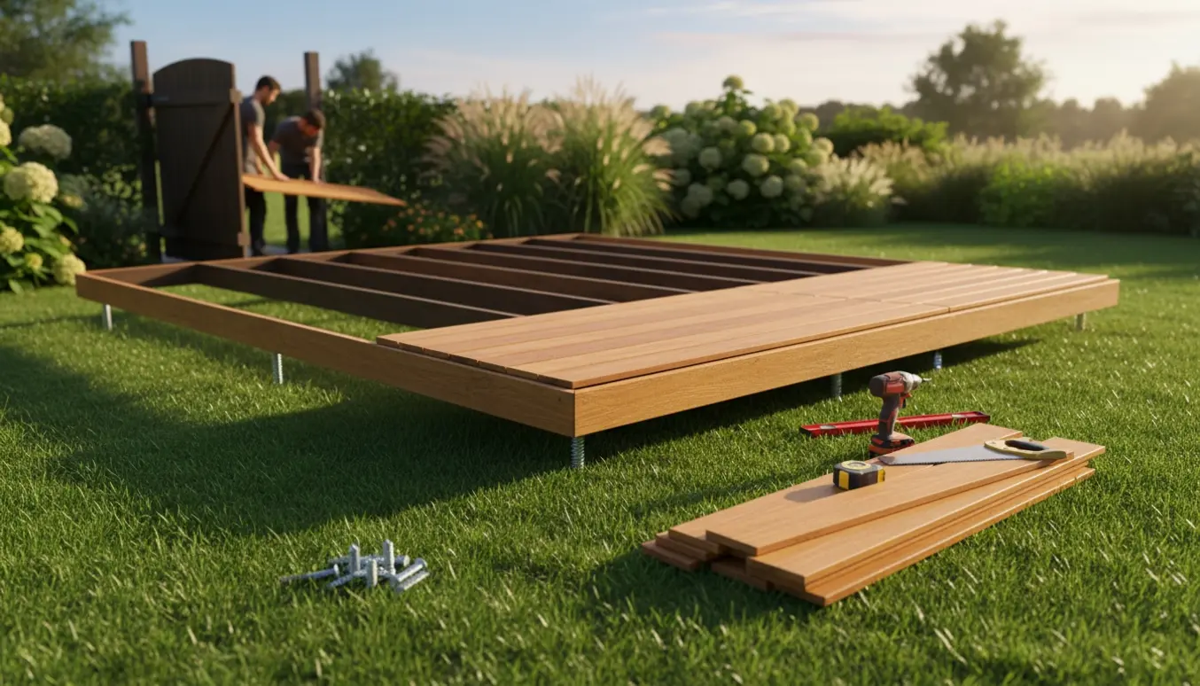 Delvist færdigbygget træterrasse på græs med varmebehandlede fyrplanker, jordskruer og værktøj i varmt eftermiddagslys.