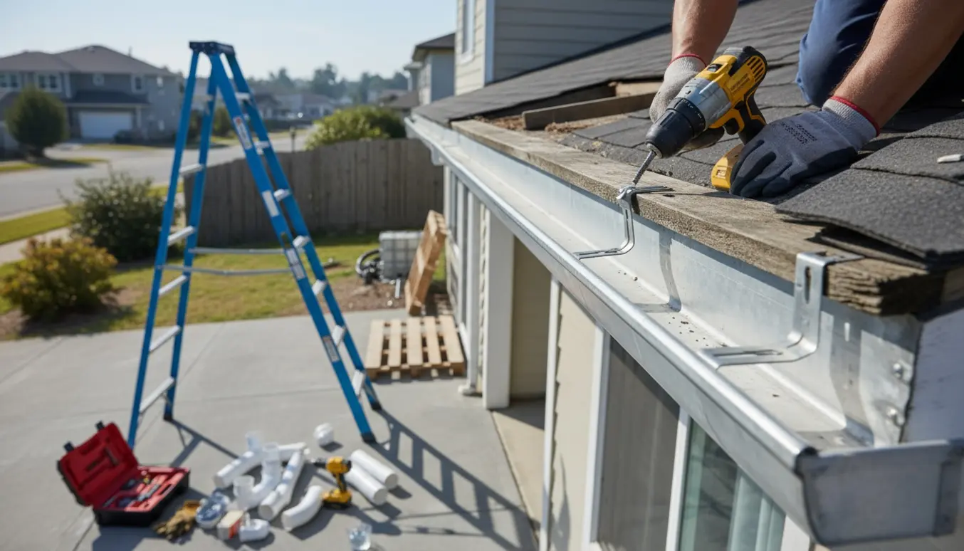 Håndværker reparerer tagrende med to manglende nedløbsrør og en fjernet vandtank i baggrunden.