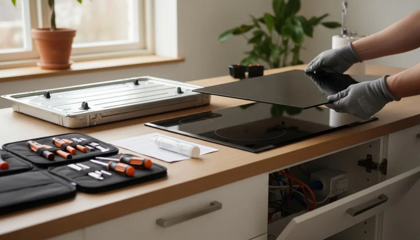 Tekniker installerer en ny sort glaskeramisk induktionskogeplade i et moderne køkken.