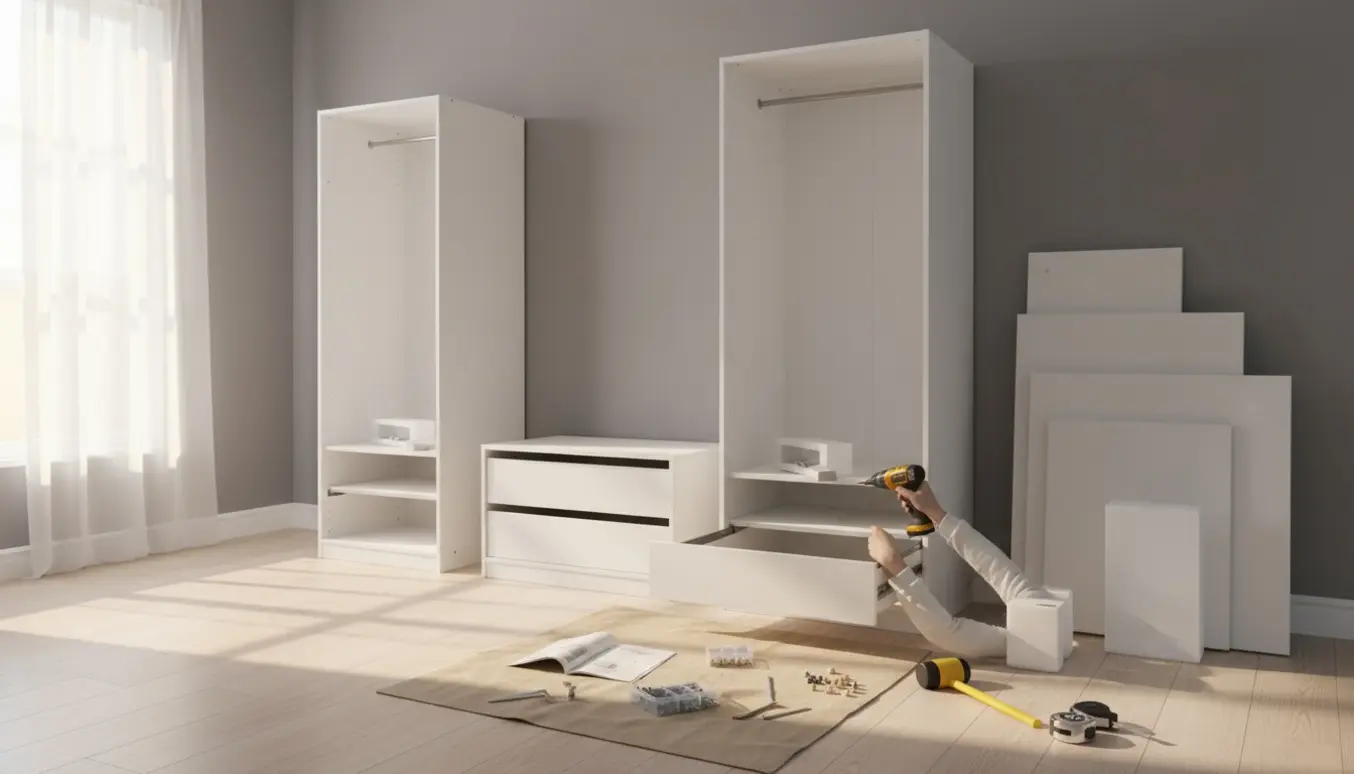 Lyst foto af to højskabe og en kommode under samling med værktøj og dele på gulvet.