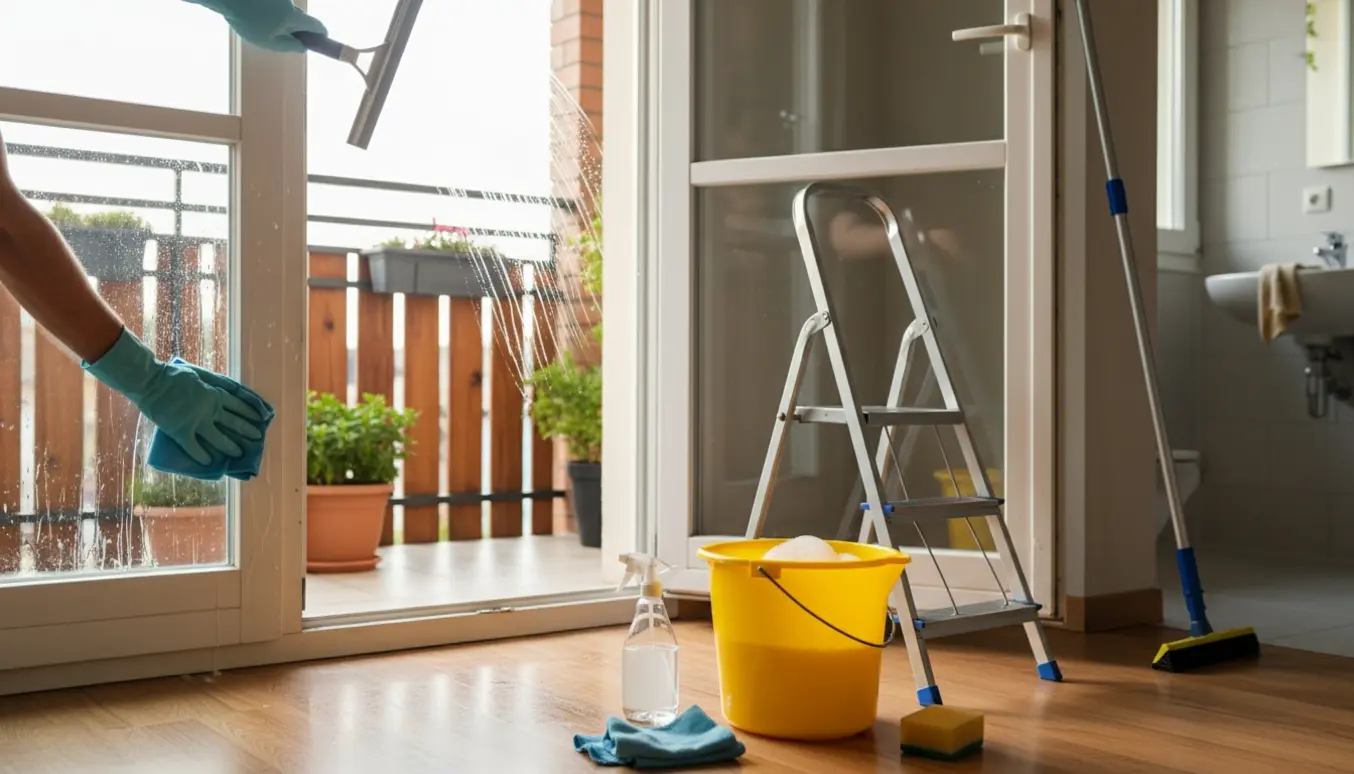Hænder pudser en altandør og vinduesrammer med vinduesskraber, spand og klude i blødt dagslys.