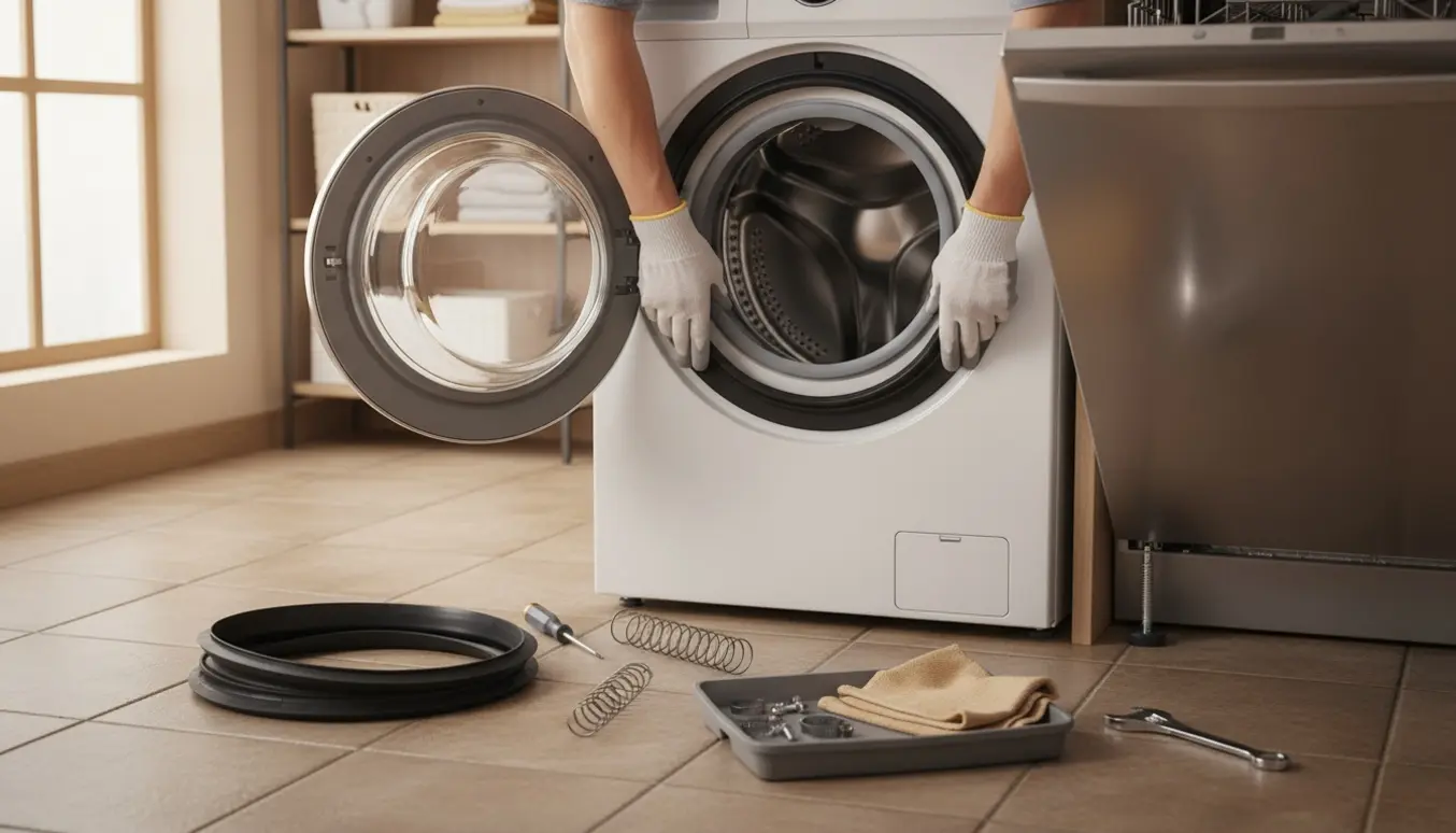 Person monterer ny dørbælg på en vaskemaskine med værktøj og en delvist udtrukket opvaskemaskine i et lyst bryggers.