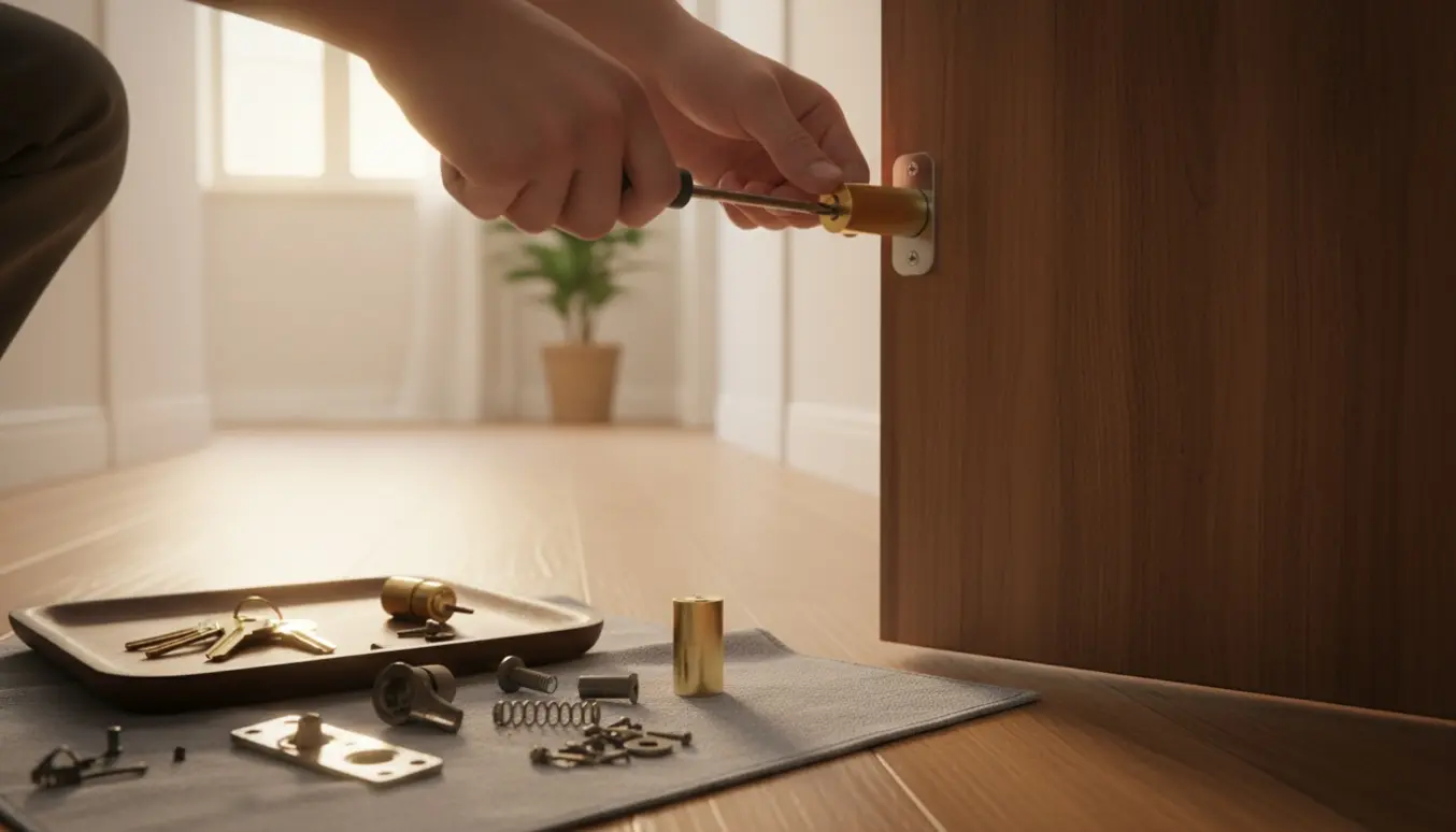 Nærbillede af udskiftning af dørlås på en trædør med fire nye nøgler klar ved siden af.