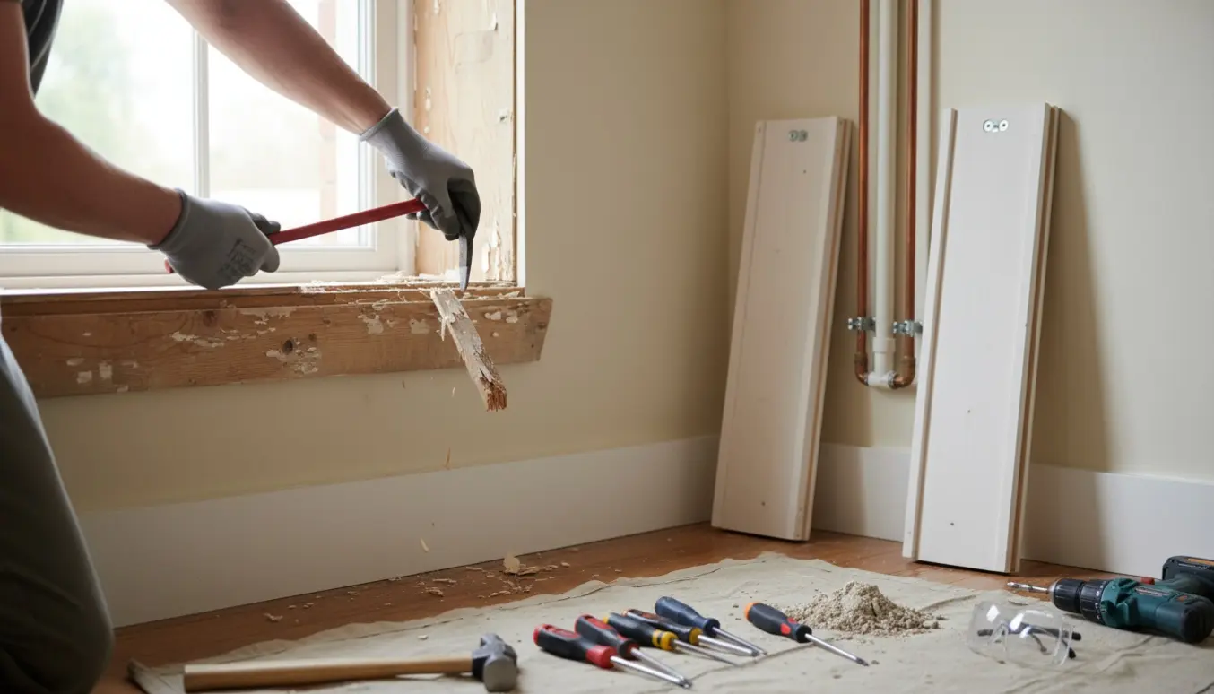 Gloved hånd fjerner trævindueskarm med to afmonterede rørkasser og et lille hul i loftet.