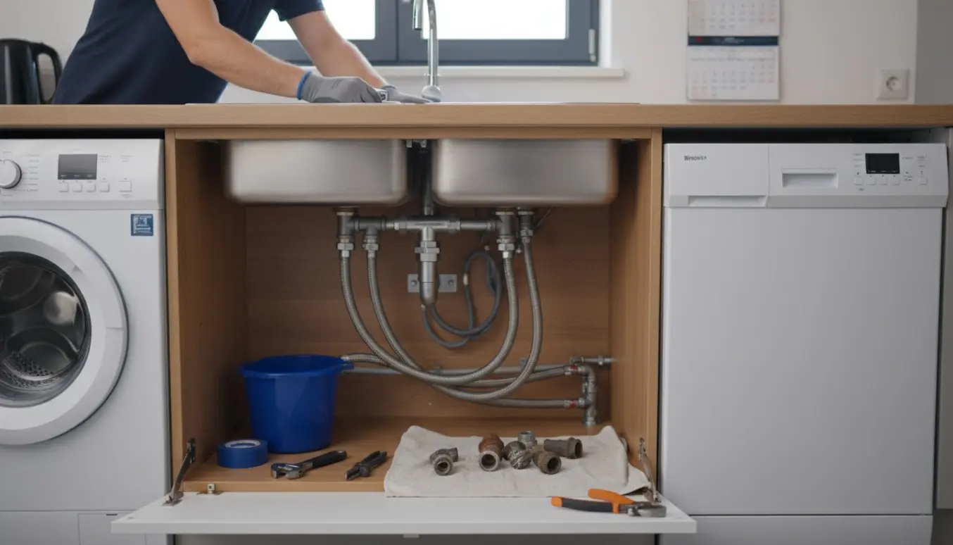 Under køkkenvasken ses en VVS-installation med nye galvaniserede fittings, håndværkerens handsker og værktøj.