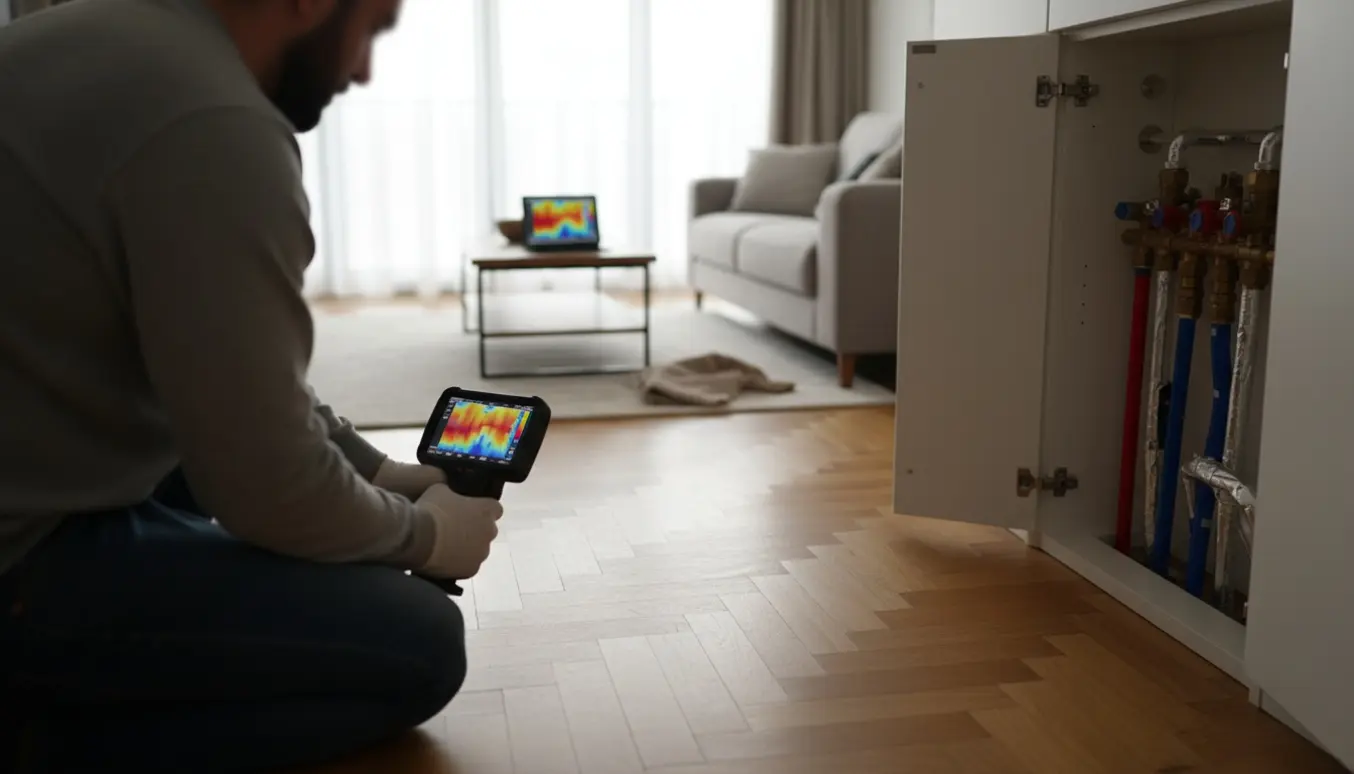 Termisk inspektion af gulvvarme i moderne lejlighed med termisk kamera og åbent fordelerskab.