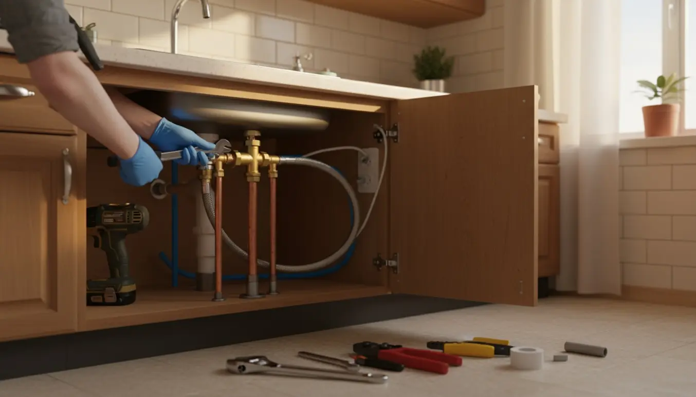 Åbent køkkenskab med ny el- og vandinstallation klar til opvaskemaskine.