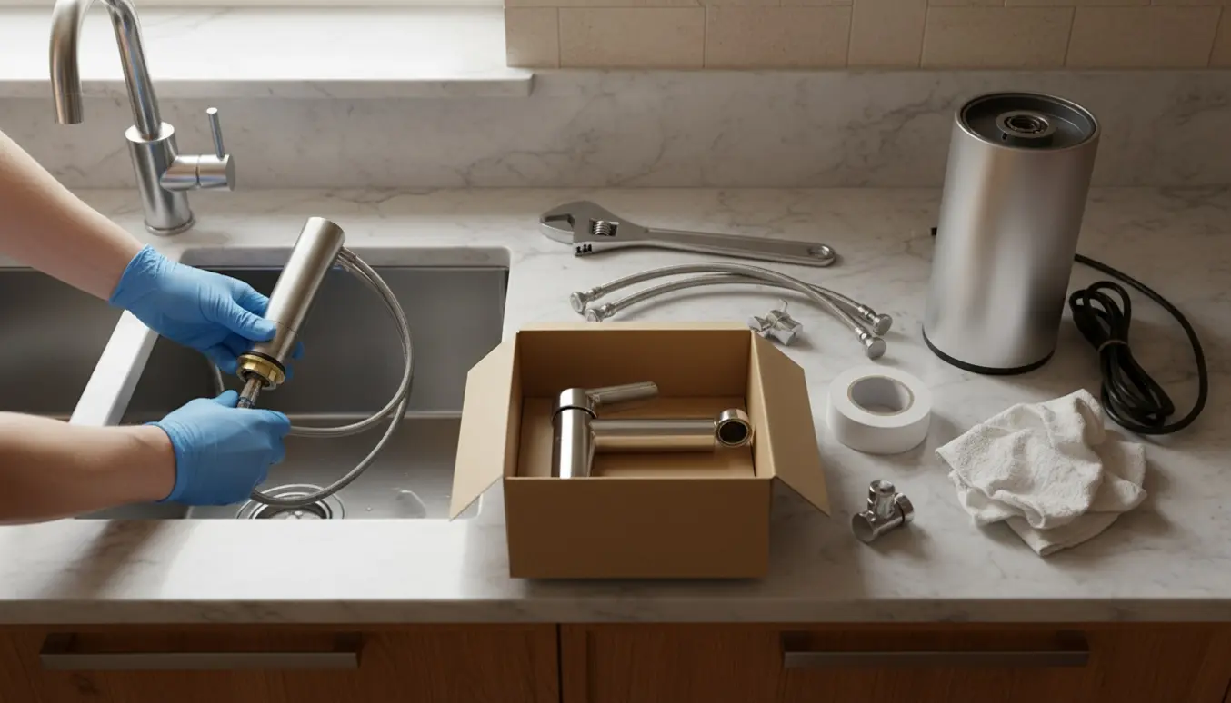 Nært billede af hænder, der fjerner en Quooker og forbereder installation af en almindelig vandhane i et moderne køkken.