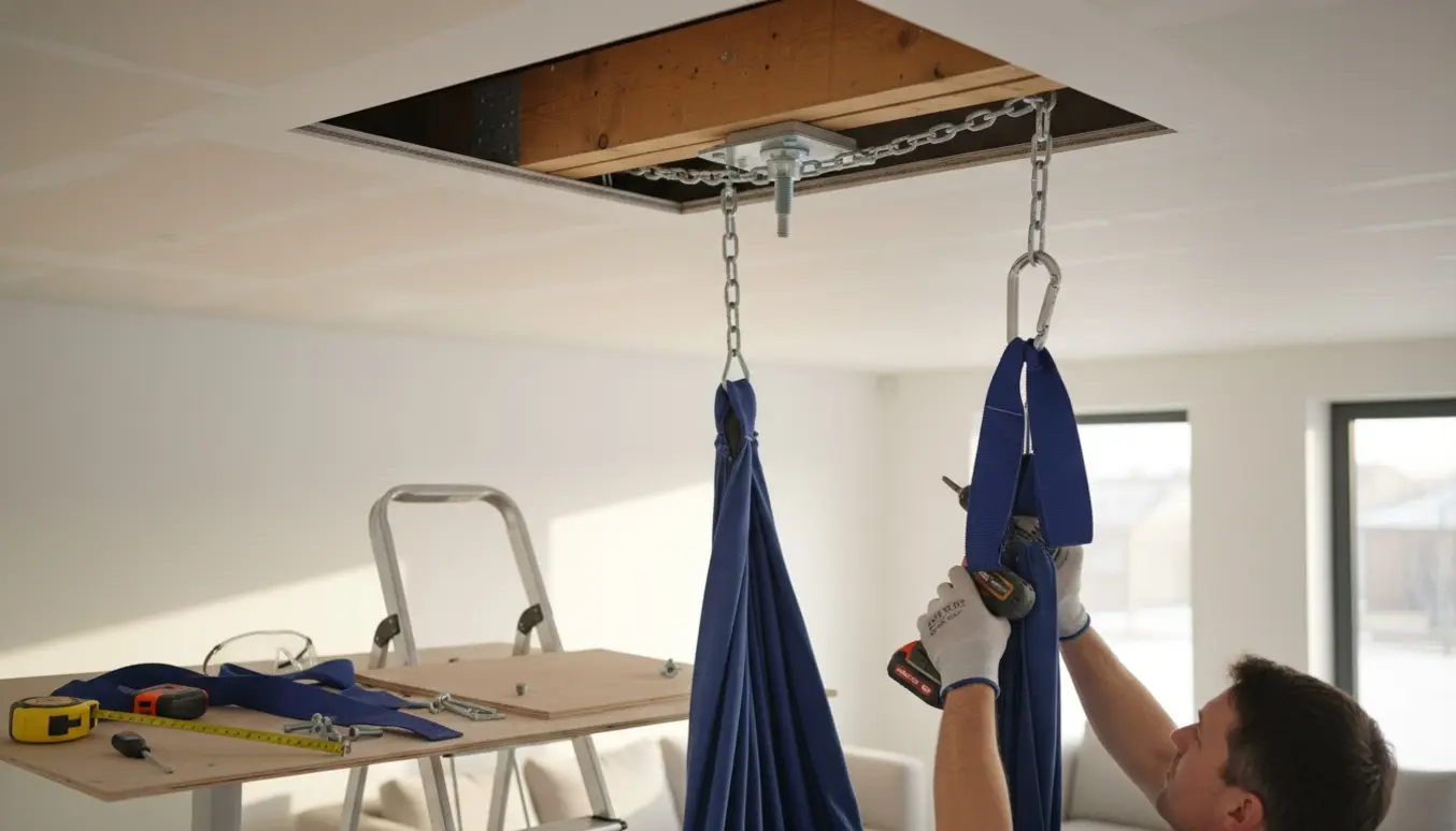 Udskåret gipsloft med synlige bjælker og montering af kraftig ophængsplade og karabiner til en sansegynge.