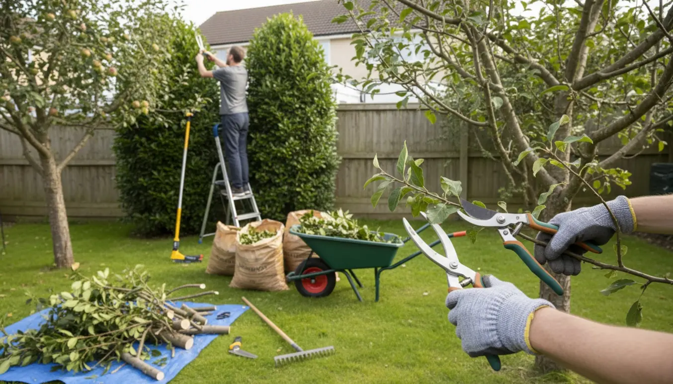 Beskæring af to æbletræer og laurbærbuske i en privat have med indsamling af beskæringsaffald.