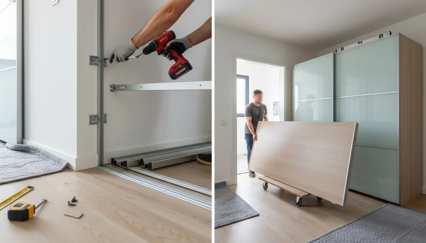 Stort modulgarderobeskab med skydedøre under nedtagning og flytning mellem to værelser med værktøj og flytteudstyr i fokus.