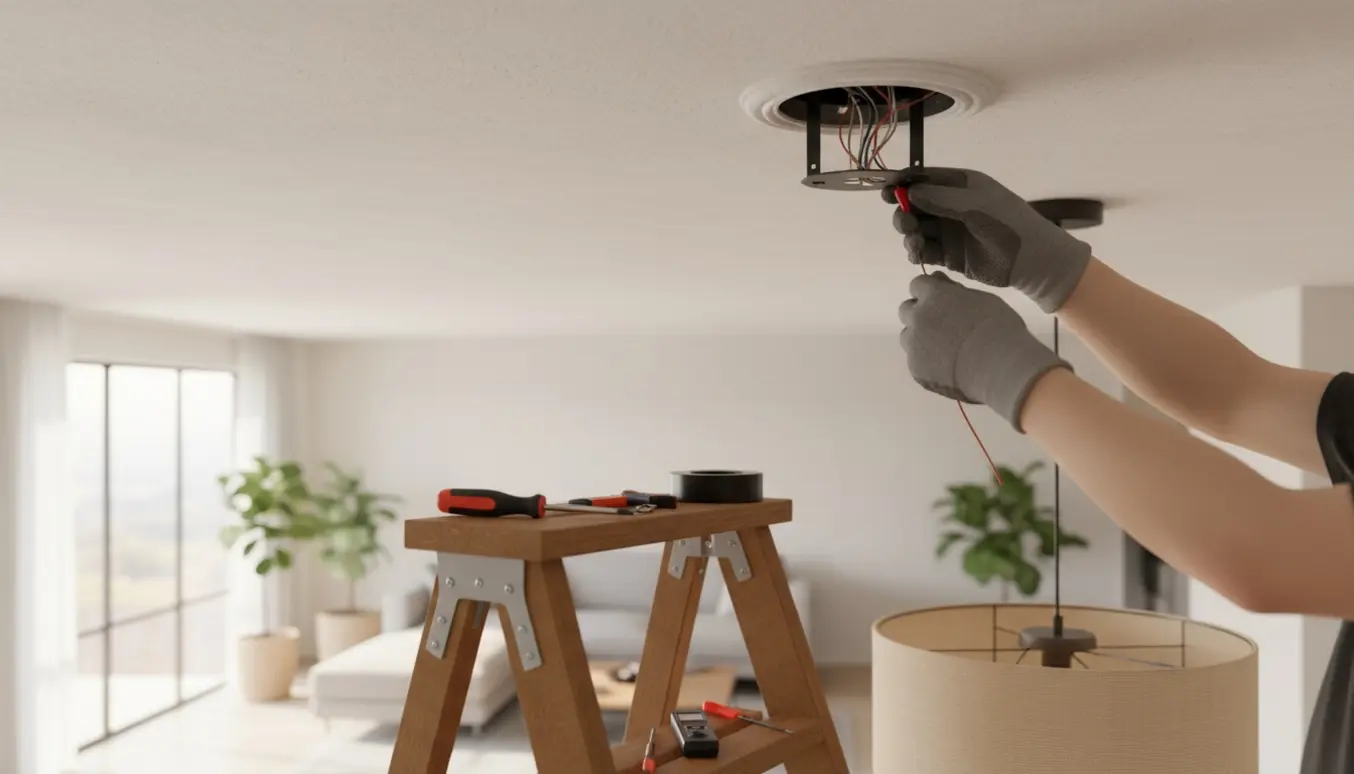 En person på en trappestige monterer og tilslutter en loftlampe med værktøj og beskyttelseshandsker.