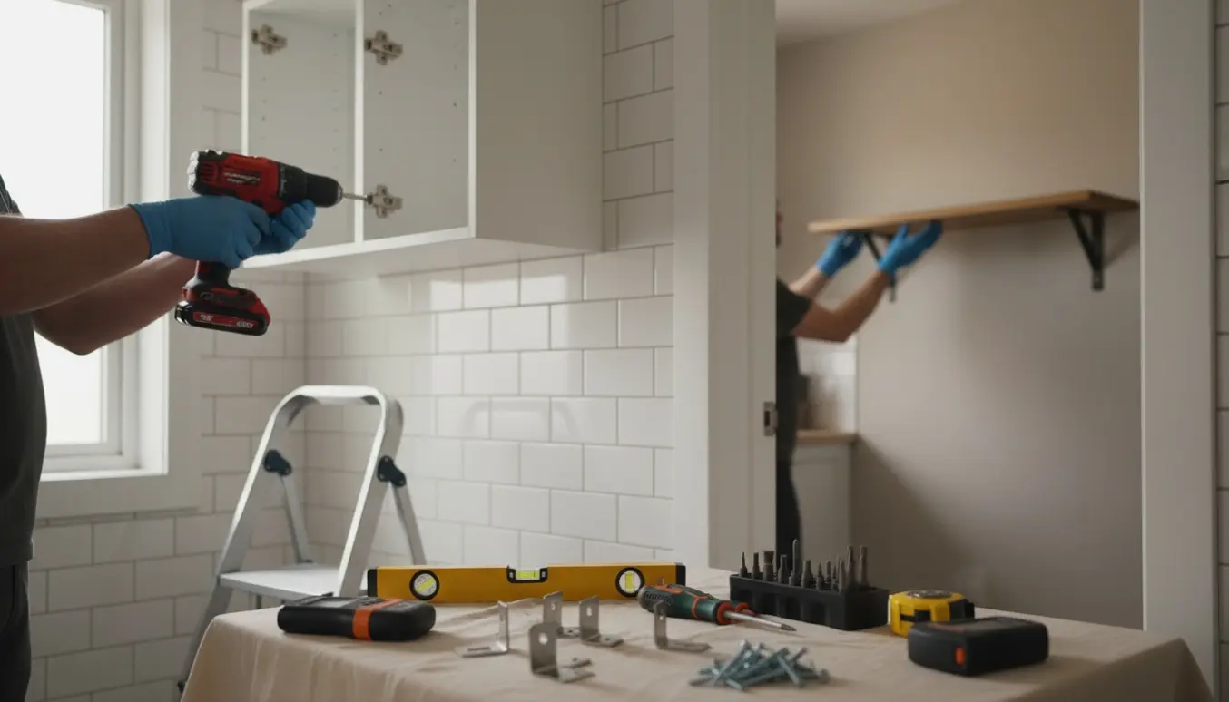 Montering af badeværelsesskab og ophængning af en træhylde med værktøj i forgrunden.