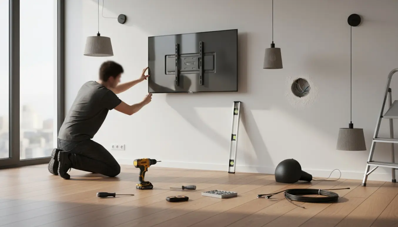 Tekniker monterer tv og fire lamper i en moderne stue med værktøj og et boret hul.