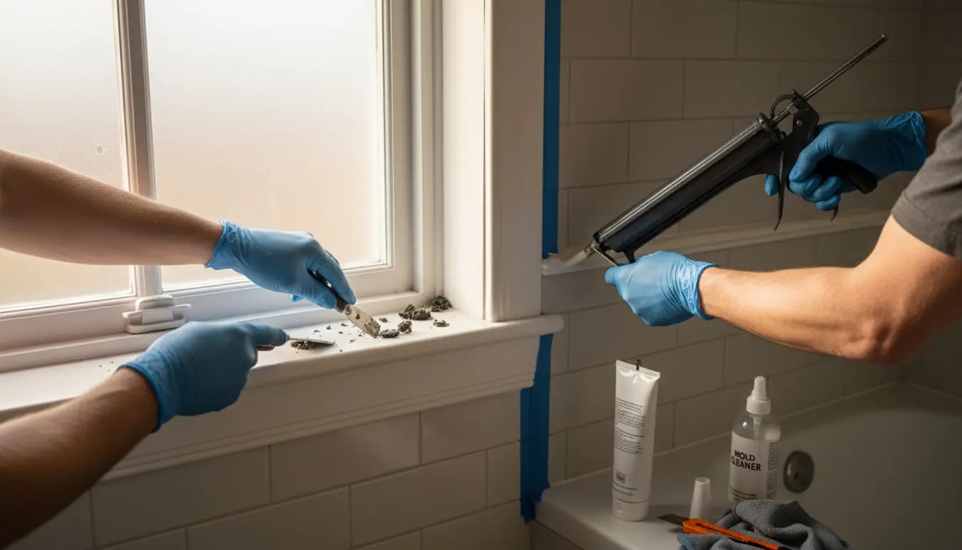 Hænder i handsker fjerner skimmelsvampede fuger ved vinduer og udskifter gummifuge i en bruseniche.