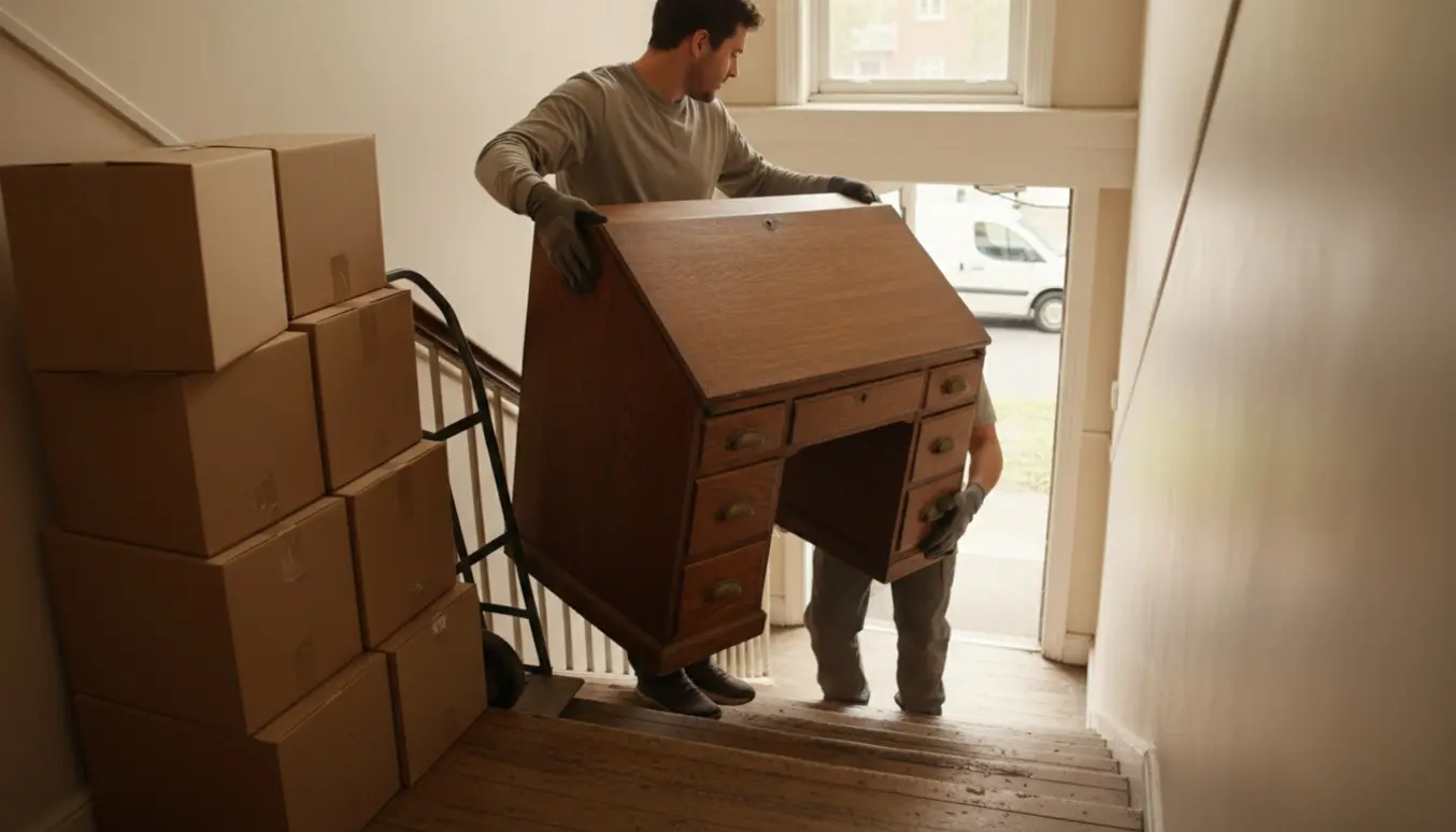 To flyttemænd bærer et tungt chatol ned ad en trappe med flyttekasser og en lille varevogn udenfor.