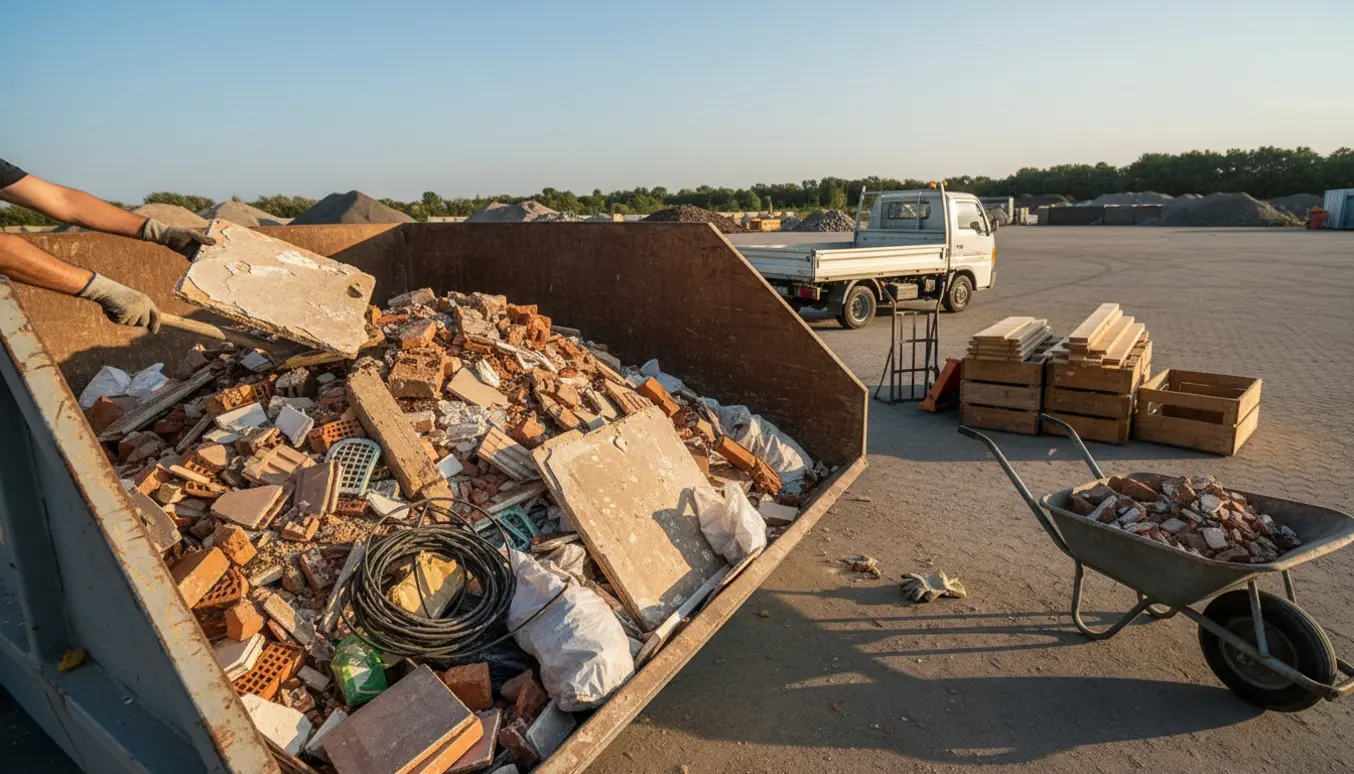 Blandet husholdnings- og byggeaffald læsses i en stor metalcontainer ved en modtageplads.